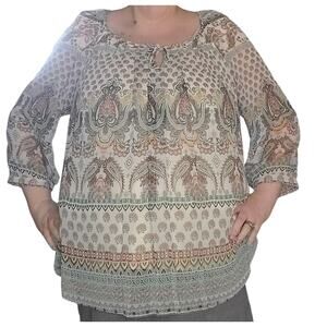 Boho Paisley Border Print Peasant Blouse Womens 2X Festival Boho Sara Michelle
